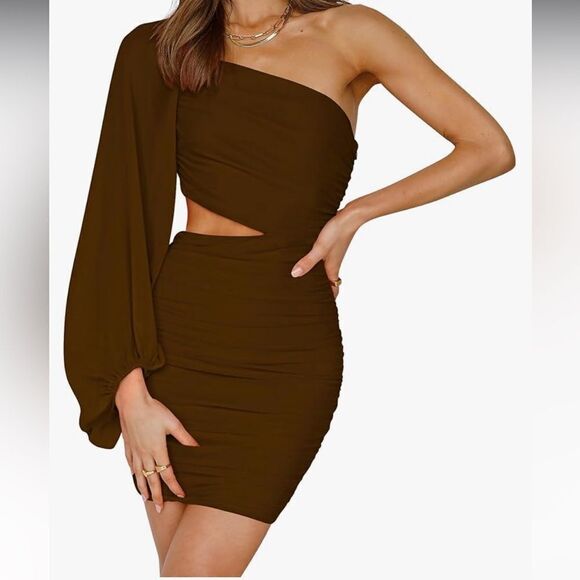 NWT BTFBM Brown One Shoulder Ruched Dress Sheer Long Sleeve Side Cut Out Size XL - Picture 1 of 6